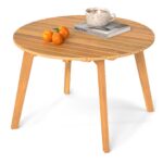 Costway Tavolino da esterno rotondo 62 cm in legno massello, Tavolino laterale basso da giardino da caffè montaggio semplice naturale - immagine 5
