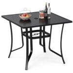 Costway Tavolino da giardino in metallo con foro per ombrellone e tappo per foro, Tavolo per patio cortile e bordo piscina 90 x 90 cm Nero