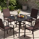 Costway Tavolino da giardino in metallo con foro per ombrellone e tappo per foro, Tavolo per patio cortile e bordo piscina 90 x 90 cm Nero - immagine 2