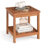 Costway Tavolino laterale da esterno a 2 livelli in legno massello con ripiano portaoggetti, Tavolo quadrato rustico per patio giardino veranda e soggiorno - immagine 5