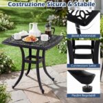 Costway Tavolino laterale da esterno in alluminio fuso antiruggine resistente alle intemperie, Tavolo quadrato da giardino con foro per ombrellone Nero - immagine 7