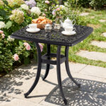 Costway Tavolino laterale da esterno in alluminio fuso antiruggine resistente alle intemperie, Tavolo quadrato da giardino con foro per ombrellone Nero - immagine 2