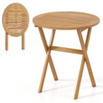 Costway Tavolino pieghevole da esterno 67 cm in legno di acacia con piano a doghe, Tavolino da bistrot rotondo per giardino balcone Naturale - immagine 5