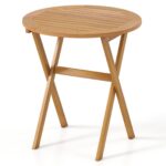 Costway Tavolino pieghevole da esterno 67 cm in legno di acacia con piano a doghe, Tavolino da bistrot rotondo per giardino balcone Naturale - immagine 6