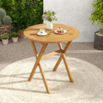 Costway Tavolino pieghevole da esterno 67 cm in legno di acacia con piano a doghe, Tavolino da bistrot rotondo per giardino balcone Naturale - immagine 2