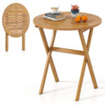 Costway Tavolino pieghevole da esterno 67 cm in legno di acacia con piano a doghe, Tavolino da bistrot rotondo per giardino balcone Naturale