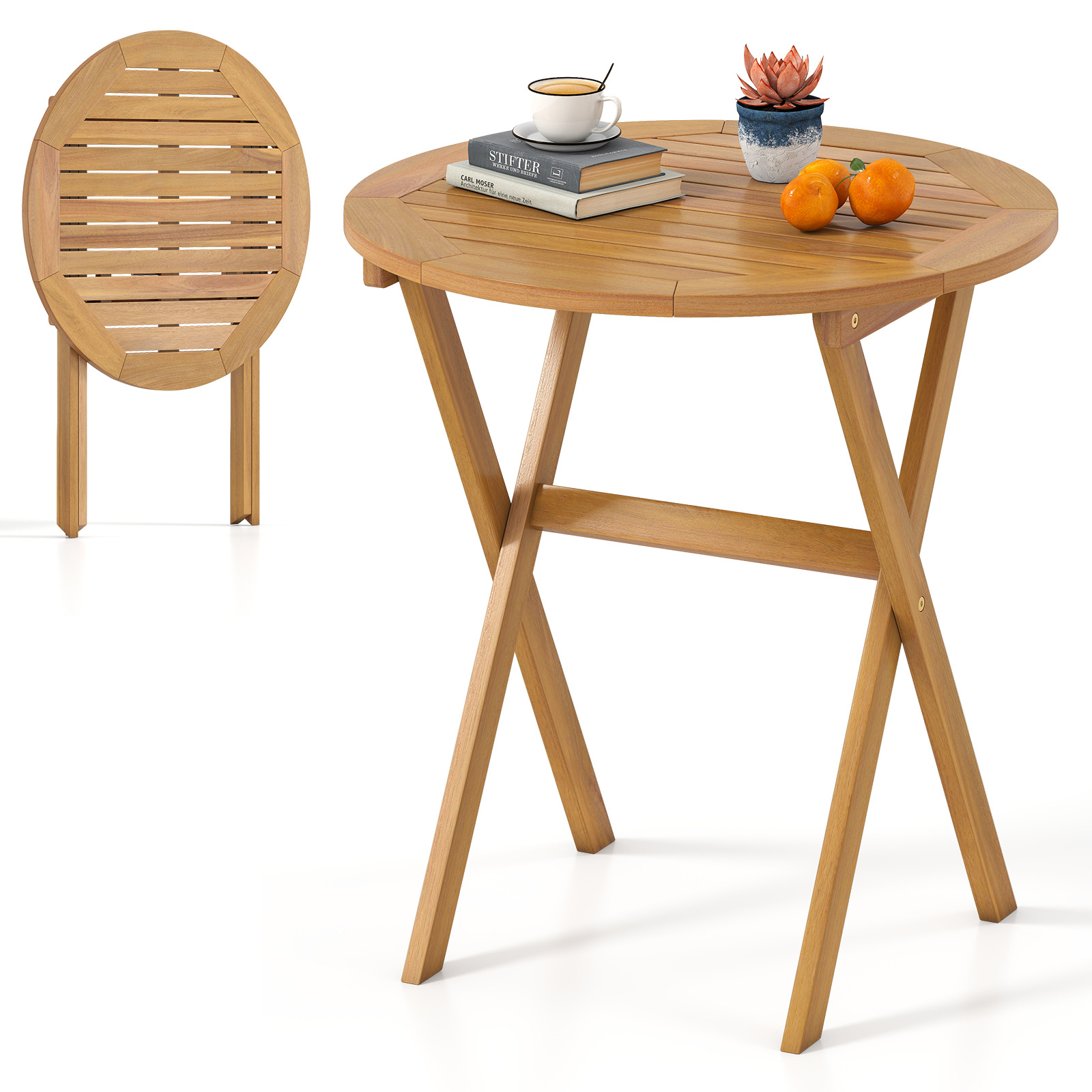 Tavolino-pieghevole-da-esterno-67-cm-in-legno-di-acacia-con-piano-a-doghe-mediaId103778914-1775709108.jpg Costway Tavolino pieghevole da esterno 67 cm in legno di acacia con piano a doghe, Tavolino da bistrot rotondo per giardino balcone Naturale - immagine 1