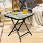 Costway Tavolo bistrò quadrato e set di 2 sedie pieghevoli e portatili da esterno, Tavolo da pranzo pieghevole e set di 2 sedie per veranda Grigio - immagine 4