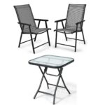 Costway Tavolo bistrò quadrato e set di 2 sedie pieghevoli e portatili da esterno, Tavolo da pranzo pieghevole e set di 2 sedie per veranda Grigio