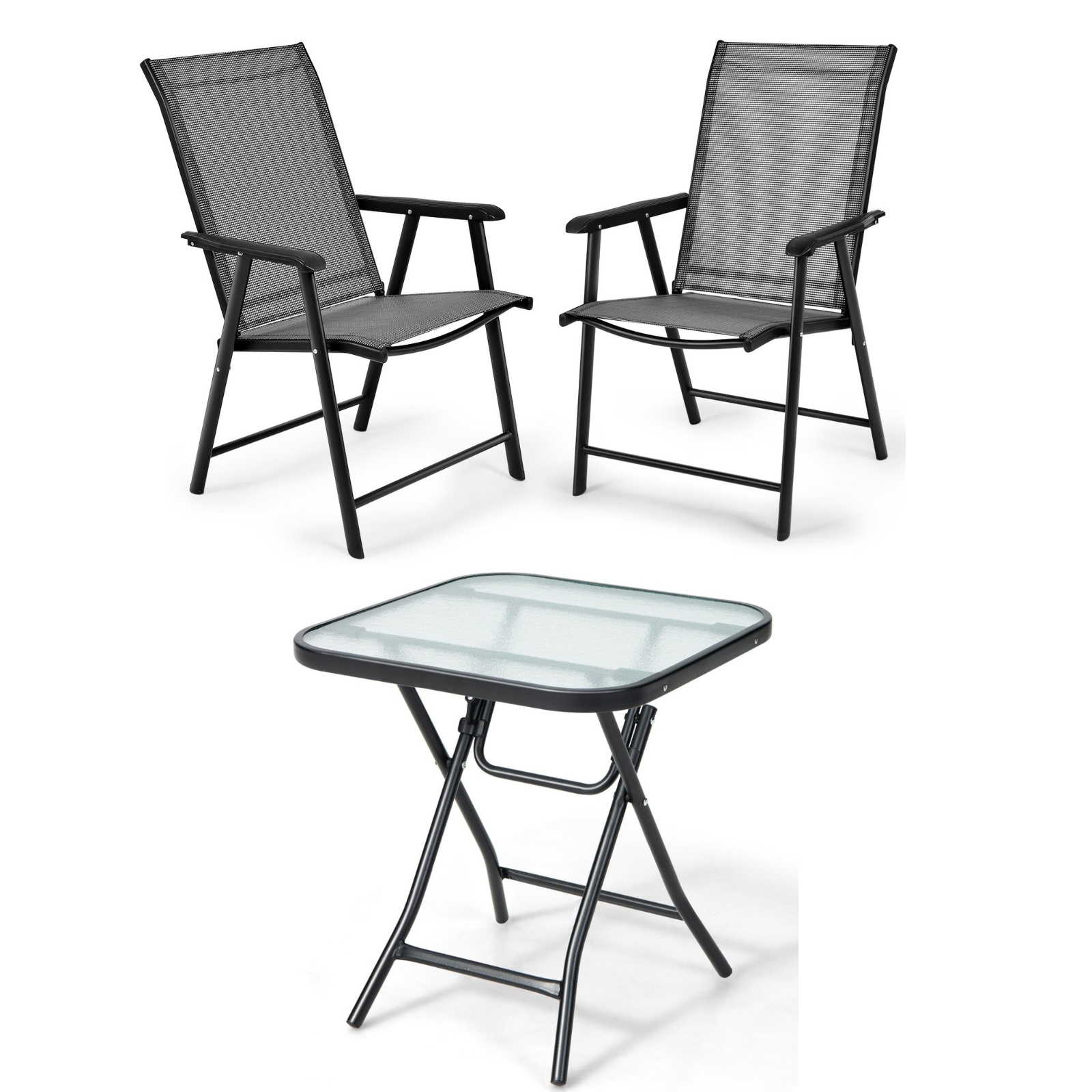 Tavolo-bistr-quadrato-e-set-di-2-sedie-pieghevoli-e-portatili-da-esterno-mediaId105215312-1785378719.jpg Costway Tavolo bistrò quadrato e set di 2 sedie pieghevoli e portatili da esterno, Tavolo da pranzo pieghevole e set di 2 sedie per veranda Grigio - immagine 1