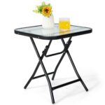 Costway Tavolo bistrò quadrato e set di 2 sedie pieghevoli e portatili da esterno, Tavolo da pranzo pieghevole e set di 2 sedie per veranda Grigio - immagine 5