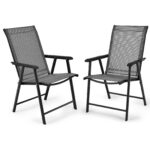 Costway Tavolo bistrò quadrato e set di 2 sedie pieghevoli e portatili da esterno, Tavolo da pranzo pieghevole e set di 2 sedie per veranda Grigio - immagine 6