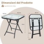 Costway Tavolo bistrò quadrato e set di 2 sedie pieghevoli e portatili da esterno, Tavolo da pranzo pieghevole e set di 2 sedie per veranda Grigio - immagine 7
