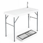 Costway Tavolo da campeggio con rubinetto e lavandino, Tavolo pieghevole e portatile per lavaggio e preparazione di cibi pesca e verdure