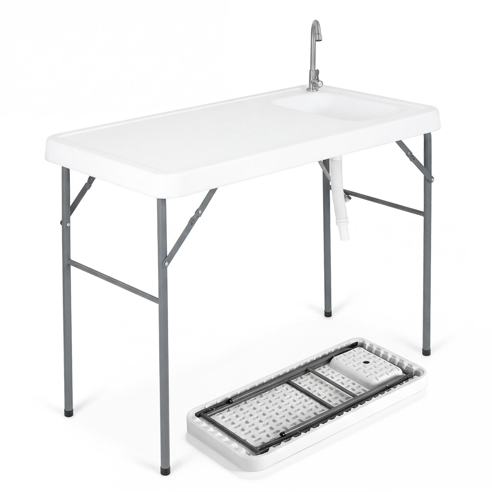 Tavolo-da-campeggio-con-rubinetto-e-lavandino-mediaId104446590-1780651327.jpg Costway Tavolo da campeggio con rubinetto e lavandino, Tavolo pieghevole e portatile per lavaggio e preparazione di cibi pesca e verdure - immagine 1