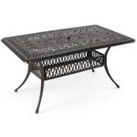 Costway Tavolo da giardino con foro ombrellone da 5,3 cm 151 x 91 x 73 cm, Tavolo da pranzo esterno per patio cortile e bordo piscina Rosso - immagine 5