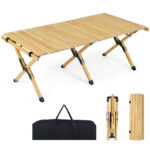 Costway Tavolo da picnic pieghevole e portatile a 4-6 posti, Tavolo da campeggio in legno massello con piano arrotolabile Naturale