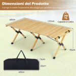 Costway Tavolo da picnic pieghevole e portatile a 4-6 posti, Tavolo da campeggio in legno massello con piano arrotolabile Naturale - immagine 5