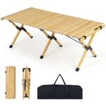 Costway Tavolo da picnic pieghevole e portatile a 4-6 posti, Tavolo da campeggio in legno massello con piano arrotolabile Naturale - immagine 4