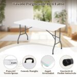 Costway Tavolo pieghevole da 152 cm per 4-6 persone per campeggio BBQ feste, Tavolo da pranzo per interni ed esterni Bianco - immagine 9