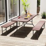 Costway Tavolo pieghevole portatile da 180 cm e panca pieghevole in plastica, Tavolo da campeggio e sedile portatile pieghevole a metà Marrone - immagine 2