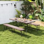 Costway Tavolo pieghevole portatile da 180 cm e panca pieghevole in plastica, Tavolo da campeggio e sedile portatile pieghevole a metà Marrone - immagine 3