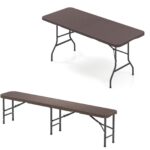 Costway Tavolo pieghevole portatile da 180 cm e panca pieghevole in plastica, Tavolo da campeggio e sedile portatile pieghevole a metà Marrone