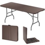 Costway Tavolo pieghevole portatile da 180 cm e panca pieghevole in plastica, Tavolo da campeggio e sedile portatile pieghevole a metà Marrone - immagine 6