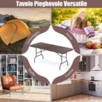 Costway Tavolo pieghevole portatile da 180 cm e panca pieghevole in plastica, Tavolo da campeggio e sedile portatile pieghevole a metà Marrone - immagine 10