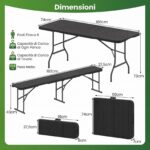 Costway Tavolo pieghevole portatile da 180 cm e panca pieghevole in plastica, Tavolo da campeggio e sedile portatile pieghevole a metà Nero - immagine 7