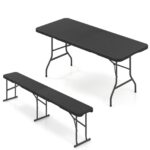 Costway Tavolo pieghevole portatile da 180 cm e panca pieghevole in plastica, Tavolo da campeggio e sedile portatile pieghevole a metà Nero