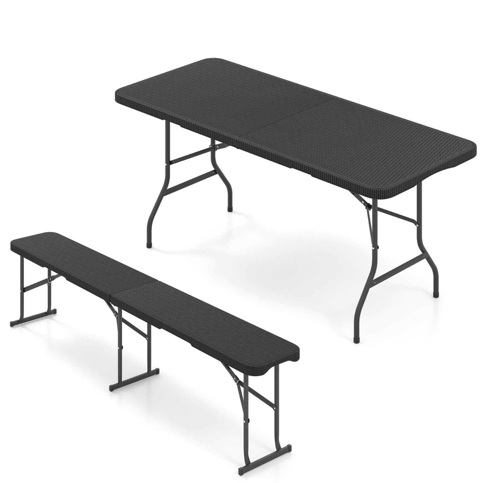 Tavolo-pieghevole-portatile-da-180-cm-e-panca-pieghevole-in-plastica-mediaId105207806-1785135875.jpg Costway Tavolo pieghevole portatile da 180 cm e panca pieghevole in plastica, Tavolo da campeggio e sedile portatile pieghevole a metà Nero - immagine 1