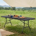 Costway Tavolo pieghevole portatile da 245 cm per esterni con maniglia, Tavolo pieghevole a metà con capacità di 160 kg e piano in HDPE Nero - immagine 3