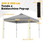 Costway Tenda a gazebo 3x3 m con installazione istantanea e tettuccio argento, Gazebo portatile completo di accessori per campeggio ed eventi Grigio - immagine 5
