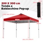 Costway Tenda a gazebo 3x3 m con installazione istantanea e tettuccio argento, Gazebo portatile completo di accessori per campeggio ed eventi Rosso - immagine 5