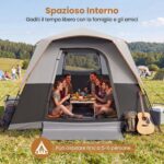 Costway Tenda da Campeggio 5-6 Persone con Tettoia Rimovibile e 4 Finestre, Tenda da Esterno con 2 Lucernari 8 Picchetti e Borsa Grigio - immagine 6