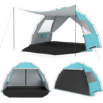 Costway Tenda da campeggio con 2 porte con cerniera 2 finestre e borsa da trasporto protezione solare, Tenda da spiaggia portatile con tettoia estesa Blu - immagine 2