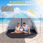Costway Tenda da campeggio con 2 porte con cerniera 2 finestre e borsa da trasporto protezione solare, Tenda da spiaggia portatile con tettoia estesa Blu - immagine 9