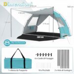 Costway Tenda da campeggio con 2 porte con cerniera 2 finestre e borsa da trasporto protezione solare, Tenda da spiaggia portatile con tettoia estesa Blu - immagine 4
