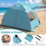 Costway Tenda da campeggio con 2 porte con cerniera 2 finestre e borsa da trasporto protezione solare, Tenda da spiaggia portatile con tettoia estesa Blu - immagine 6