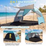 Costway Tenda da campeggio con 2 porte con cerniera 2 finestre e borsa da trasporto protezione solare, Tenda da spiaggia portatile con tettoia estesa Blu - immagine 7