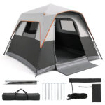 Costway Tenda da Campeggio 5-6 Persone con Tettoia Rimovibile e 4 Finestre, Tenda da Esterno con 2 Lucernari 8 Picchetti e Borsa Grigio