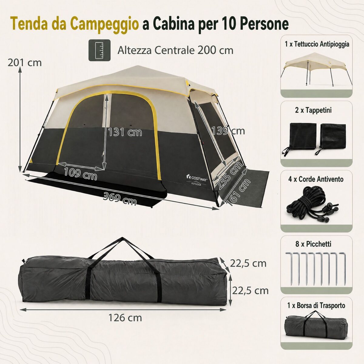 Costway Tenda da campeggio per 10 persone impermeabile con finestre e lucernari in rete, Tenda cabina con porte zippate e borsa Beige - immagine 2