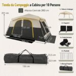Costway Tenda da campeggio per 10 persone impermeabile con finestre e lucernari in rete, Tenda cabina con porte zippate e borsa Beige - immagine 2