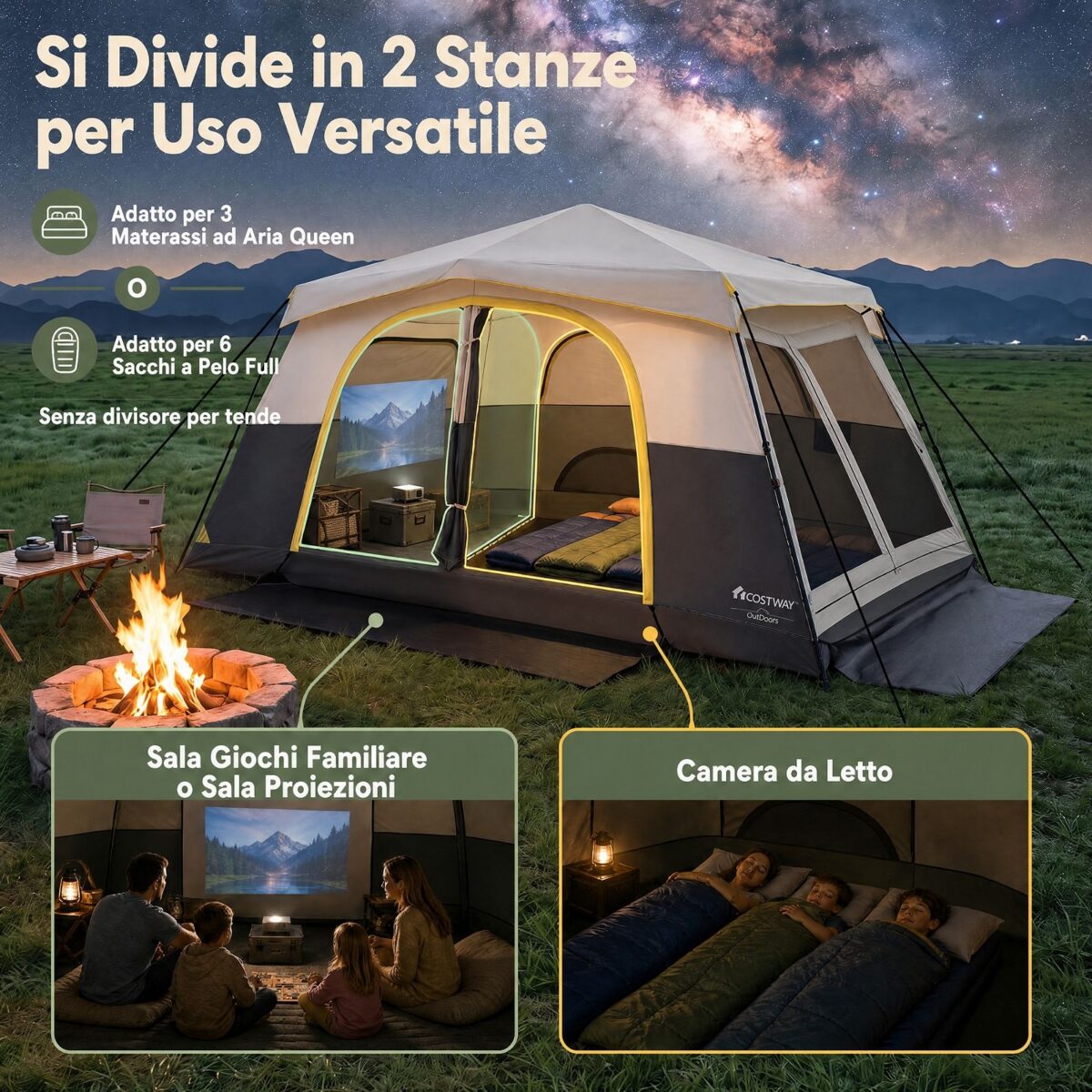 Costway Tenda da campeggio per 10 persone impermeabile con finestre e lucernari in rete, Tenda cabina con porte zippate e borsa Beige - immagine 6