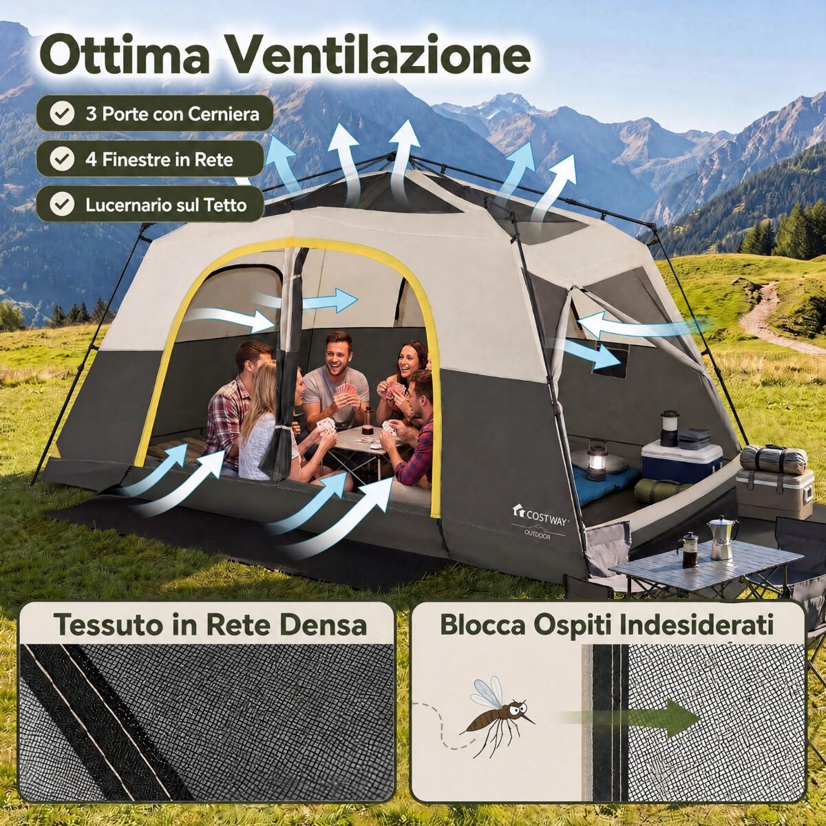 Costway Tenda da campeggio per 10 persone impermeabile con finestre e lucernari in rete, Tenda cabina con porte zippate e borsa Beige - immagine 8