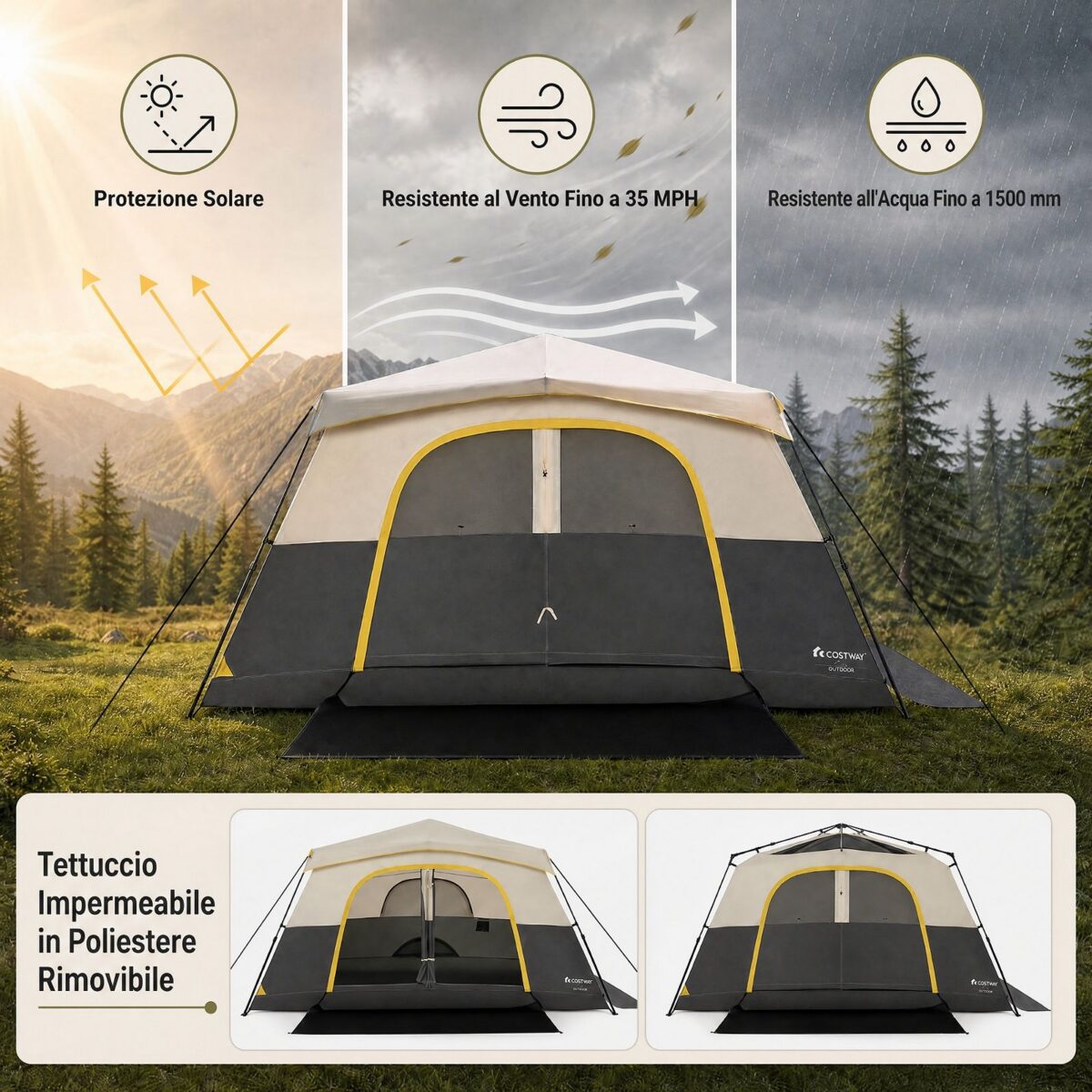 Costway Tenda da campeggio per 10 persone impermeabile con finestre e lucernari in rete, Tenda cabina con porte zippate e borsa Beige - immagine 9