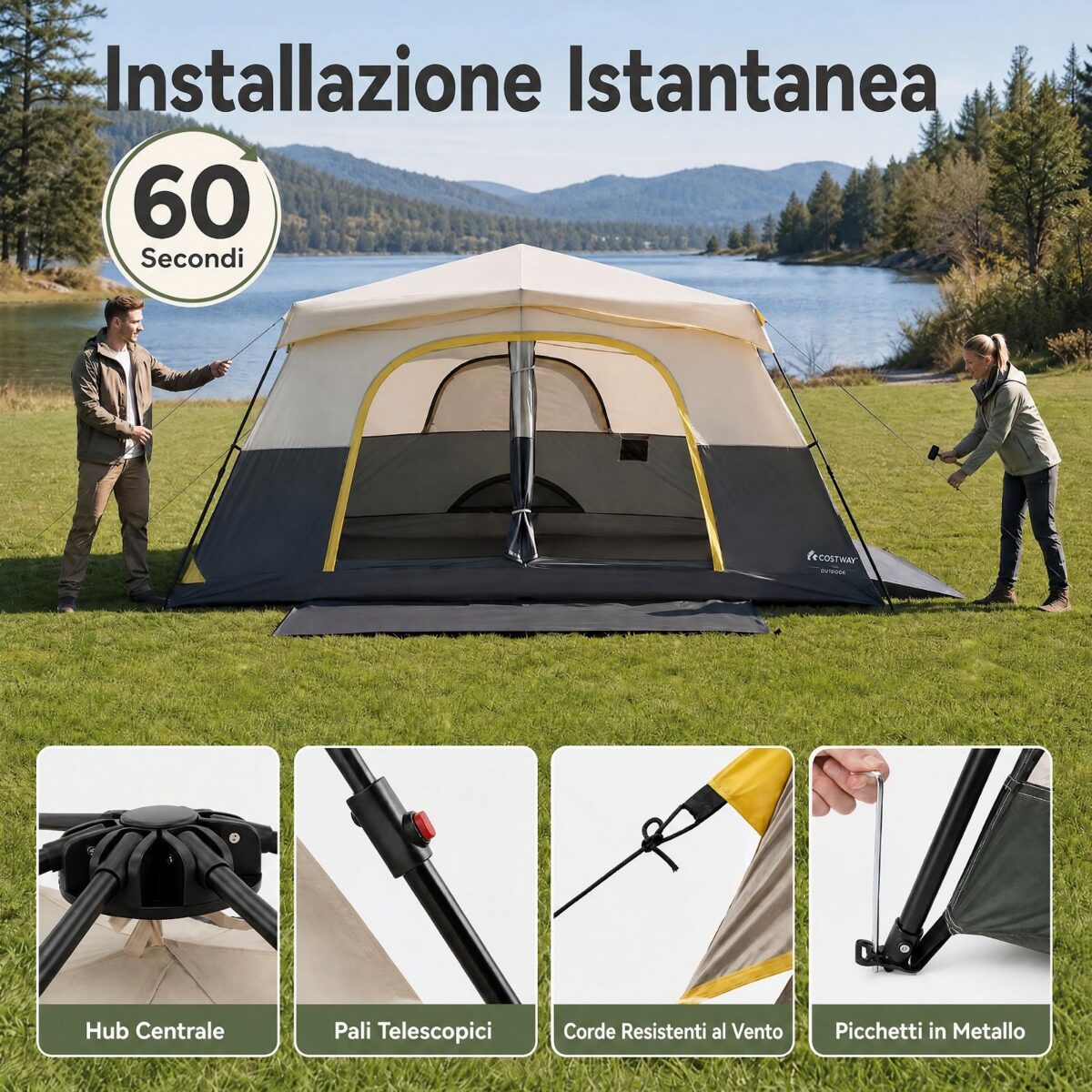 Costway Tenda da campeggio per 10 persone impermeabile con finestre e lucernari in rete, Tenda cabina con porte zippate e borsa Beige - immagine 5