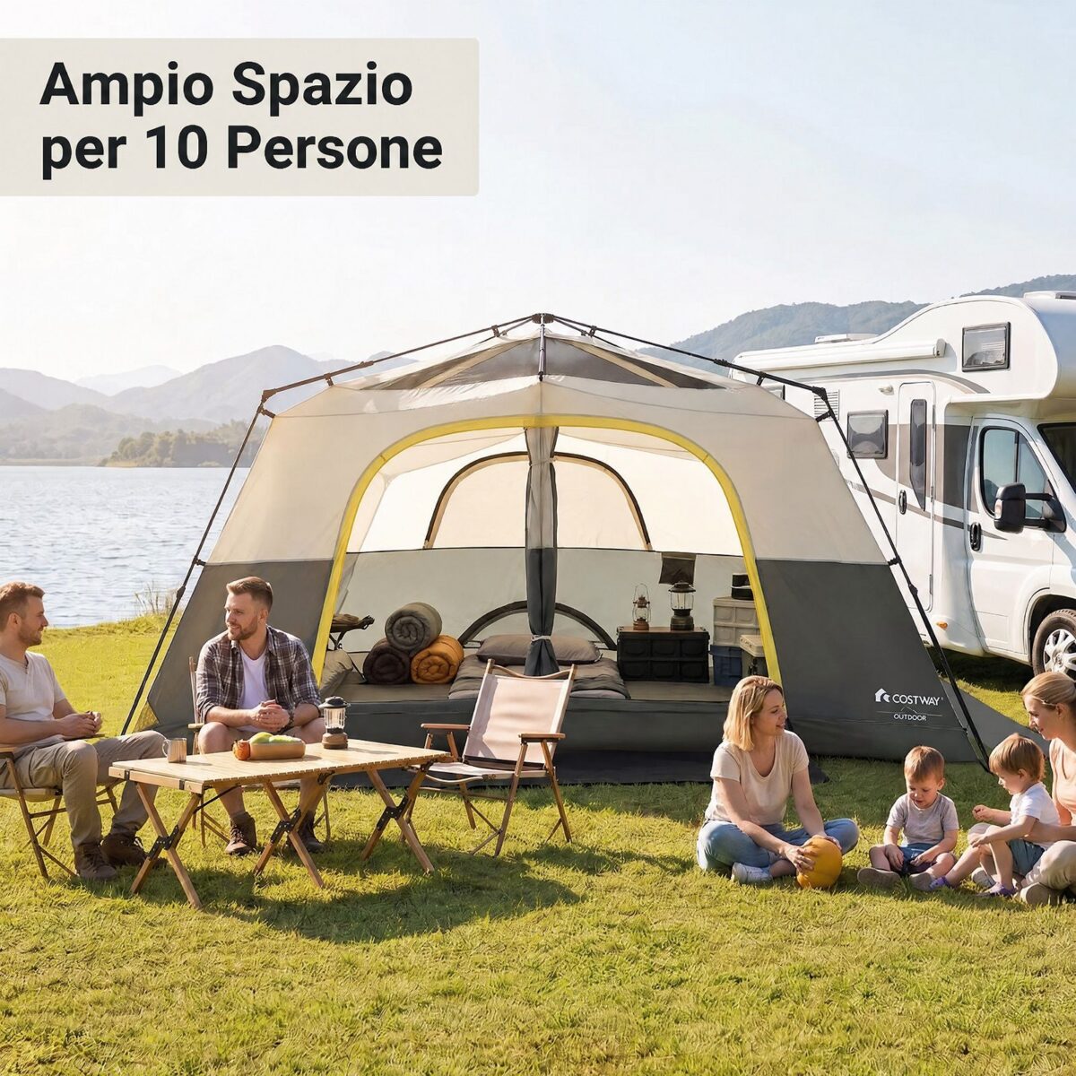 Costway Tenda da campeggio per 10 persone impermeabile con finestre e lucernari in rete, Tenda cabina con porte zippate e borsa Beige - immagine 4