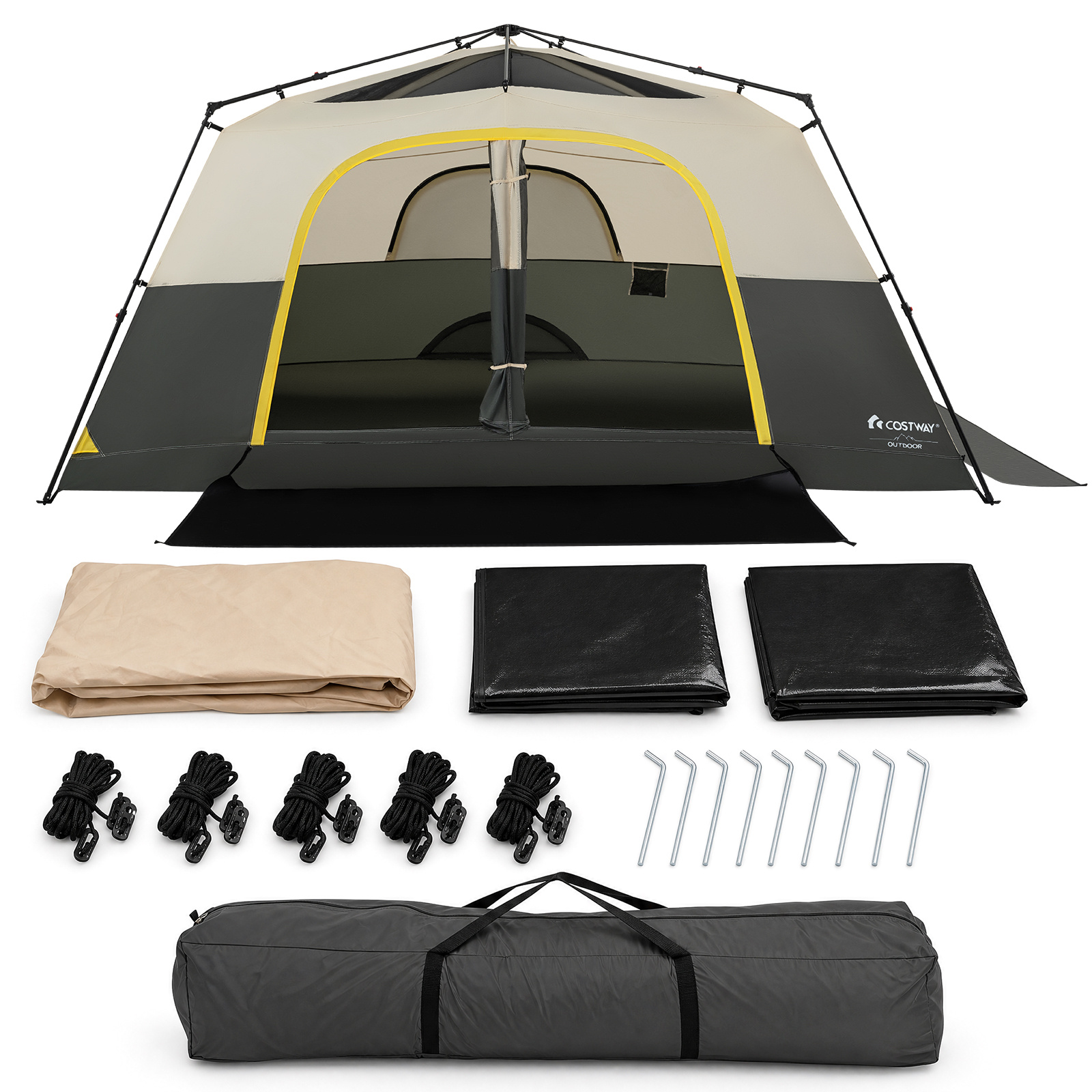 Tenda-da-campeggio-per-10-persone-mediaId105171743-1784086506.jpg Costway Tenda da campeggio per 10 persone impermeabile con finestre e lucernari in rete, Tenda cabina con porte zippate e borsa Beige - immagine 1